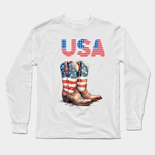 Country Western Patriotic Cowboy Boots Design Long Sleeve T-Shirt